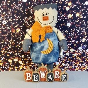 👻 Patchwork Frankenstein Plush with Beware Sign